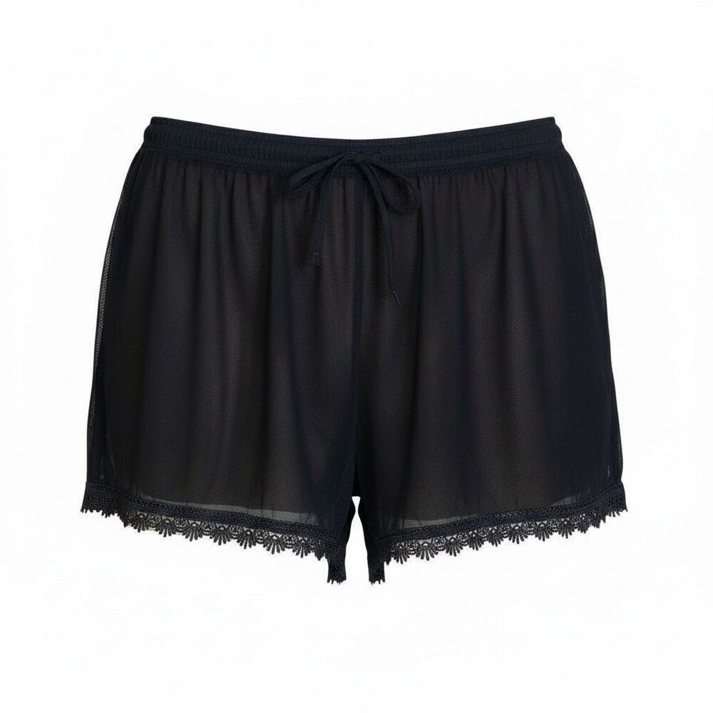 Sheer Lace Crochet Trim Drawstring Lounge Sleep Pajama Shorts Black Size 1X